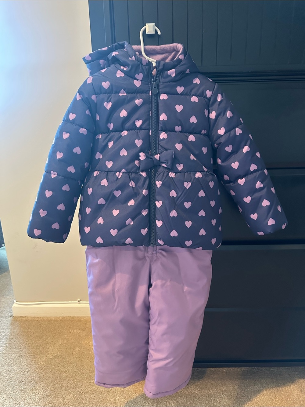 Carter's Girls Navy Puffer Jacket & Lilac Snow/ Ski Pants Set with Pink Hearts
